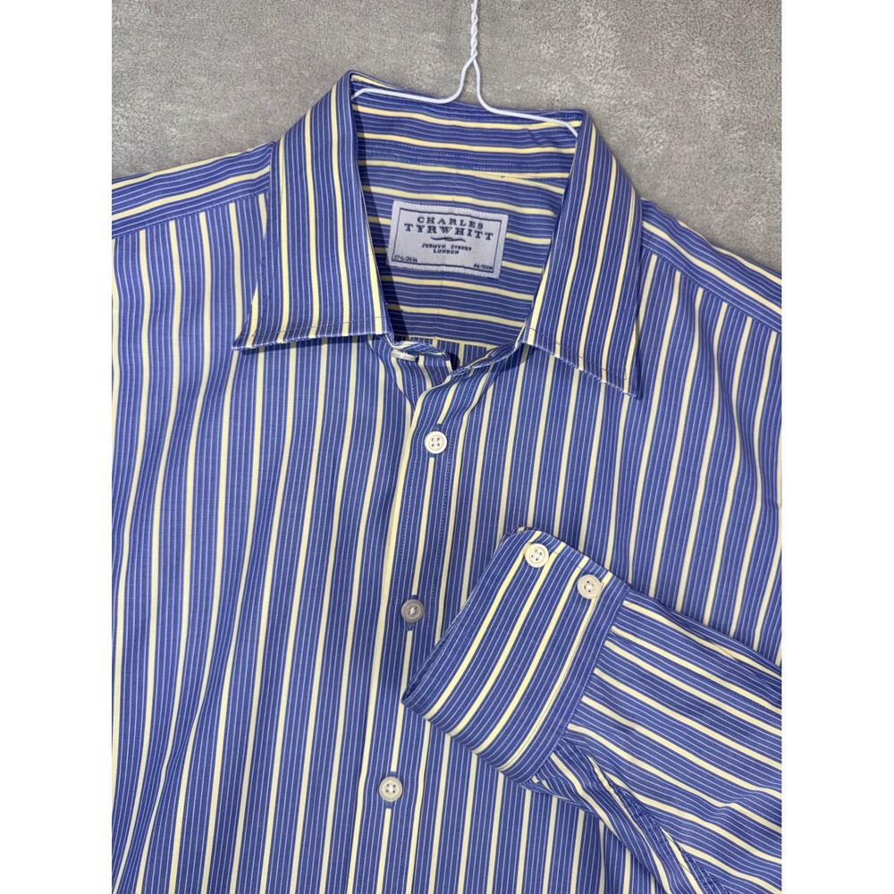 Charles Tyrwhitt Mens 17.5X36 Striped Dress Shirt Blue Yellow Cotton Long Sleeve